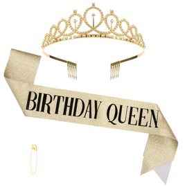 VewePata Geburtstags Krone,Prinzessin Diadem,Geburtstagsschärpe,Hochzeitskopfschmuck Erwachsenwerden Zeremonie Jungesellinenabschied Accessoires,Bride to be Partydekoration Birthday Queen (Gold)