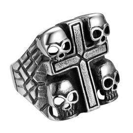 JewelryWe Retro Stainless Steel Biker Mens Gothic Skull Ring Punk Rock Cross Ring Band Black Silver-Size R 1/2