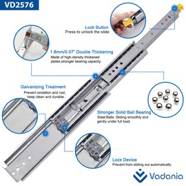 VADANIA 20" Industrial Grade Heavy Duty Drawer Slide with Lock #VD2576, 3" Widening Up to 476lb Load Capacity, 3-Fold Full Extension, Ball Bearing Lock-in & Lock-Out, Side Mount, 1-Pair