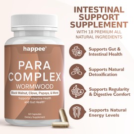 Happee ParaComplex Intestinal Guard for Humans - para Purge Herbal Cleanse for Gut Health & Digestive Balance - with Wormwood, Black Walnut, Garlic & More - 60 Capsules