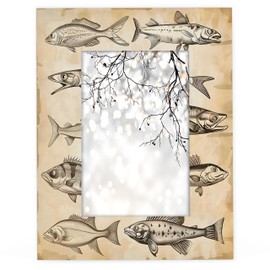Mintoprints Vintage Fish 5x7 Picture Frame, Fishes Drawing Display Picture for Table Top Display and Wall Mounting 5x7 Wood Photo Frame