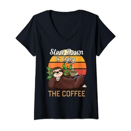 Womens Retro Sloth Slow Down Enjoy The Coffee Lovers Chill Vibes V-Neck T-Shirt