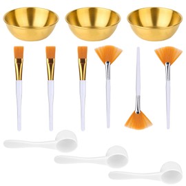 12pcs Esthetician Supplies for Facials Set, Including 3 Facial Bowls, 3 Fan Brushes, 3 Brushes & 3 Scoop for Women Cosmetic Mask Mixing Set Make up Tool (Gold)