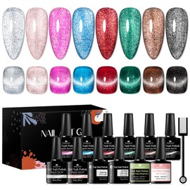 MSRUIOO Cat Eye Gel Nail Polish, 8 Colors Ceramic Wide Magnetic Gel Polish Set with Magnet Crystal Shimmer Silver Brown Green Nail Gel with Base Top Gel Nail Dehydrator and Primer Gift for Women 12PCS