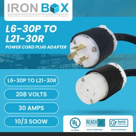 IronBox NEMA L6-30P to L21-30R Power Cord Plug Adapter - 30A, 208V, 10/3 SOOW - UL Listed Heavy Duty Power Cable - Twist Lock Power Extension for Generator, RV, Camper and More (1ft, Custom Build)