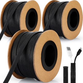 Pangda 300 Feet 1/4, 1/2, 3/8 Inches Wire Loom PET Expandable Braided Sleeving Braided Sleeve for TV, Computer, Home Theater(Black)