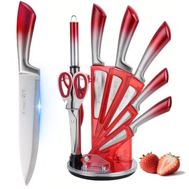 KOSHA Kitchen Knife Set, 9 Piece Knife Set with Block, High Carbon Stainless Steel Knife Set for Kitchen, Sharp Chef Knives Block Set with Sharpener, Rust Proof, Non-Stick Coated Knife Block Set