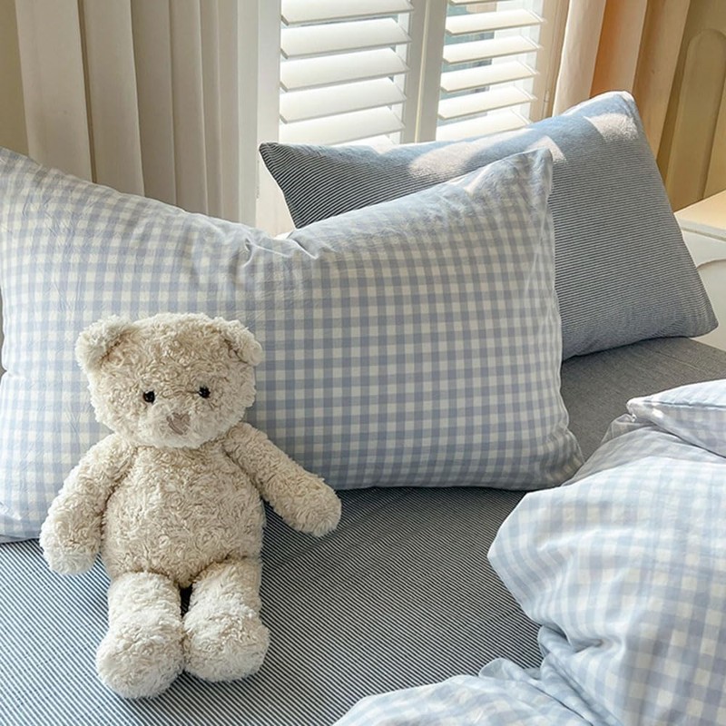 Nayoroom Gingham Duvet Cover Queen Size Blue White Plaid Checkered