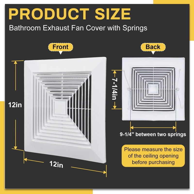 Powrocket Bathroom Exhaust Fan Cover with Spring, 12" x 12"