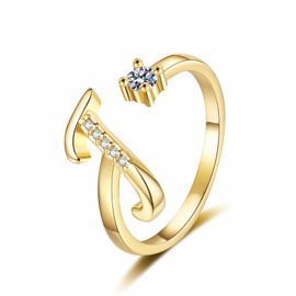 OIDIMS Initial Letter Ring for Women Gold Plated Stackable Alphabet Rings Adjustable Open Crystal Cubic Zirconia Inlaid Rings Thumb Finger Comfort Fit Bridesmaid Jewelry for Mom (J)