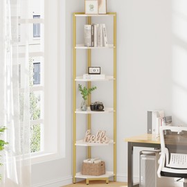 Hzuaneri Corner Shelf Stand, Corner Bookshelf, Storage Standing Shelf Unit with Metal Frame, Plant Stand, Bookcase for Living Room, Home Office, Bedroom, 6-Tier White Gold CS06003A