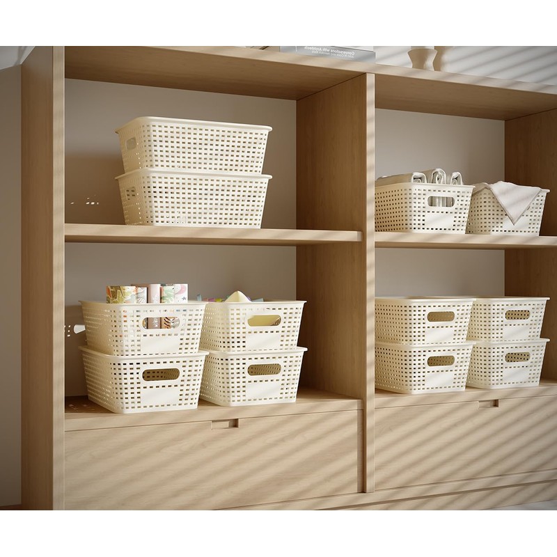 Resze 6 Pack Plastic Storage Baskets with Lids, Breathable Stackable