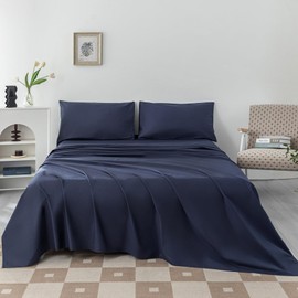 Levoo 100% Egyptian Cotton Sheets King Size Set 18"-24" Extra Deep Pocket King Sheets Set Soft Breathable Cooling 4Pcs Bed Sheets with 1 Flat Sheet, 1 Fitted Sheet, 2 Pillowcases (King, Navy Blue)