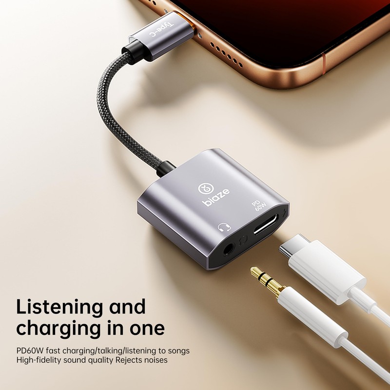 biaze USB‑C to 3.5 mm Headphone & Charger Adapter – 60 W