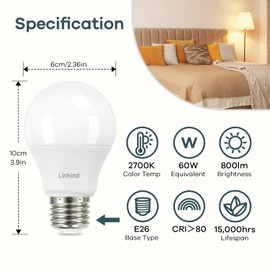 Linkind A19 LED Light Bulb, 60W Equivalent, 9W 2700K Soft White, 800 Lumens Non-Dimmable, E26 Standard Base, Energy Efficient UL Listed for Bedroom Home Office, 24 Pack