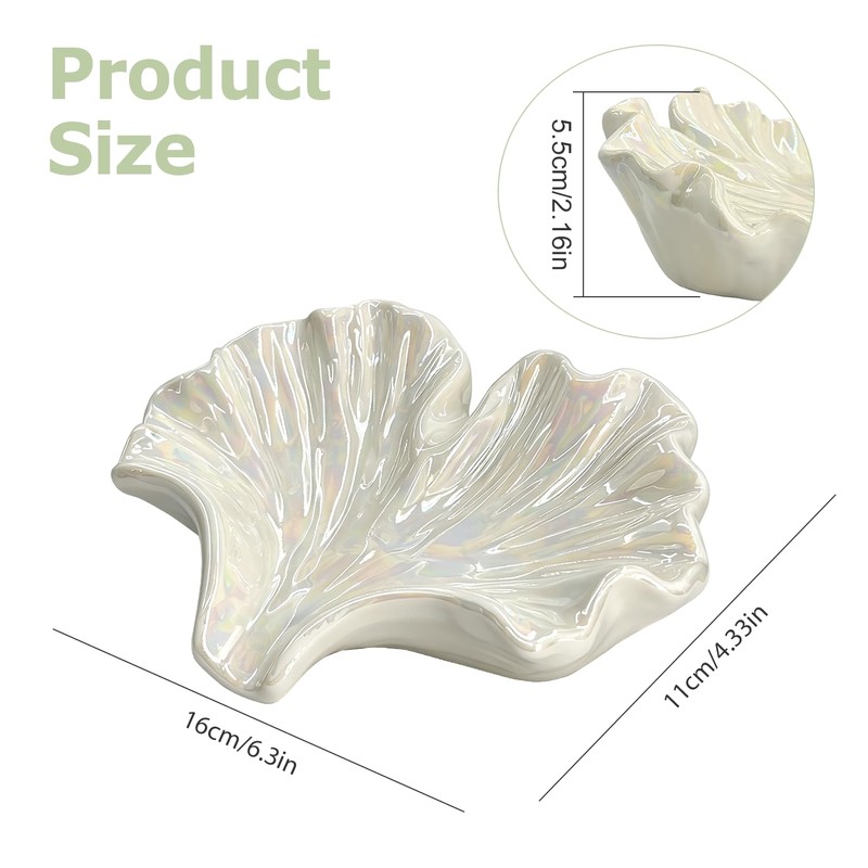 Ceramic Ginkgo Soap Dish, Self-Draining Tray White