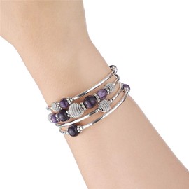 BULINLIN Turquoise Beaded Chakra Bangle Bracelet, Silver Layered Jewellery Wrap Bracelet with Natural Stone Birthday Gift for Women(Purple)