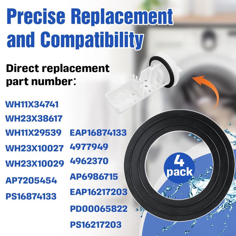 4-Pack Washer Drain Gasket Compatible with WH23X38617 Pump Filter with
