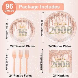 96Pcs Sweet 16 Party Plates and Napkins for Girls Pink Rose Gold 16th Party Supplies Sweet 16 Themed Paper Dessert Plates Back in 2008 Party Tableware Set for 24 Guests Birthday Party Decorations