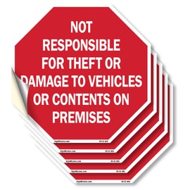 Not Responsible for Theft or Damage to Vehicles or Contents on Premises (5 Pack) 6 inch X 6 inch Octagon Vinyl Label Decal Sticker Weather Resistant, UV Protected for Workplace, Made in the USA
