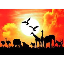 CORFOTO 5x3ft Fabric Wild Animals Silhouette Photography Backdrop Safari in Africa Background African Sunset Scenery Decorations Animal Themed Birthday Party Supplies Photoshoot Booth Studio Props