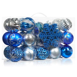 AMS 72ct of Assorted Christmas Ball Ornaments Holiday Tree Decorations Hanging Baubles Set with Reusable Hand-Help Gift Package (Blue+Sliver 80mm)