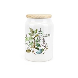 Watercolour Herbs Ceramic Sugar Storage Canister - Country Home Farmhouse Interior Gifts - Kitchen Food Storage Container & Wooden Lid 600ml (14.5cm x 9.5cm)
