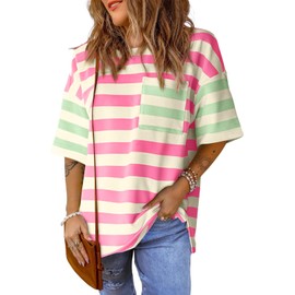 Womens Oversized Color Block Striped Tshirts Summer Casual Short Sleeve Tops Loose Fit Crew Neck Shirts Pink Green