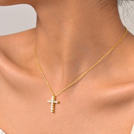 Cross Necklaces for Women 925 Sterling Silver 18K Gold Plated Cubic Zirconia Cross Pendant Necklace Simple Jesus Cross Necklace Cute Simulated Diamond Jewelry Religious Minimalist Gift (Gold)