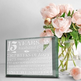 Bella Busta - 15 Years Anniversary Paperweight-15 years as Husband and Wife - Engraved Real Glass Paperweight Keepsake (3.5 x 4.5)