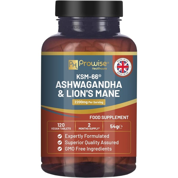 KSM-66 Ashwagandha and Lions Mane Tablets - High Strength 2200mg