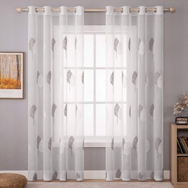 MIULEE Living Room Curtains, Transparent, Beautiful Grey and White Leaves Pattern, Modern, Embroidered, Eyelets, for Bedroom Decoration, Set of 2, Window Curtains, 260 x 140 cm (H x W)
