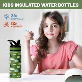 pluseight Kids Insulated Water Bottle with Straw Lid, 20 oz BPA-Free Double Wall Vacuum Tumbler 18/8 Stainless Steel Leak Proof Kids Cups with Straw for School Travel Boys Girls (Green Koala)