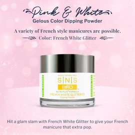 SNS Nail Dip Powder, Gelous Color Dipping Powder - French White Glitter F3 (Natural/Nudes, White, Glitter), PWFWGF302 - Acrylic Nail Color & Polish Lasts 14 Days - Odor-Free & No UV Lamp - 2 Oz