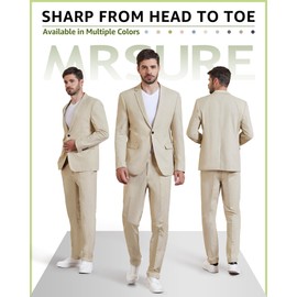 MrSure Mens 2 Piece Regular Fit Linen Suit, Casual Blazer Pants Set, Lightweight Jacket Trouser for Wedding Prom Khaki Small