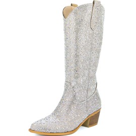 SOVANYOU Rhinestone Boots Cowboy Sparkly Boots for Women Silver Bling Boots Glitter Western Cowgirl Tall Boots Pointed Toe Crystal Knee High Boots