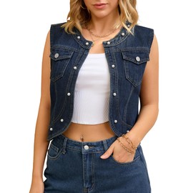 CIMUK Women's Plus Size Denim Vest Collarless Cardigan Chest Pockets Decor Pearl Sleeveless Jean Jackets XX-Large Deep Blue