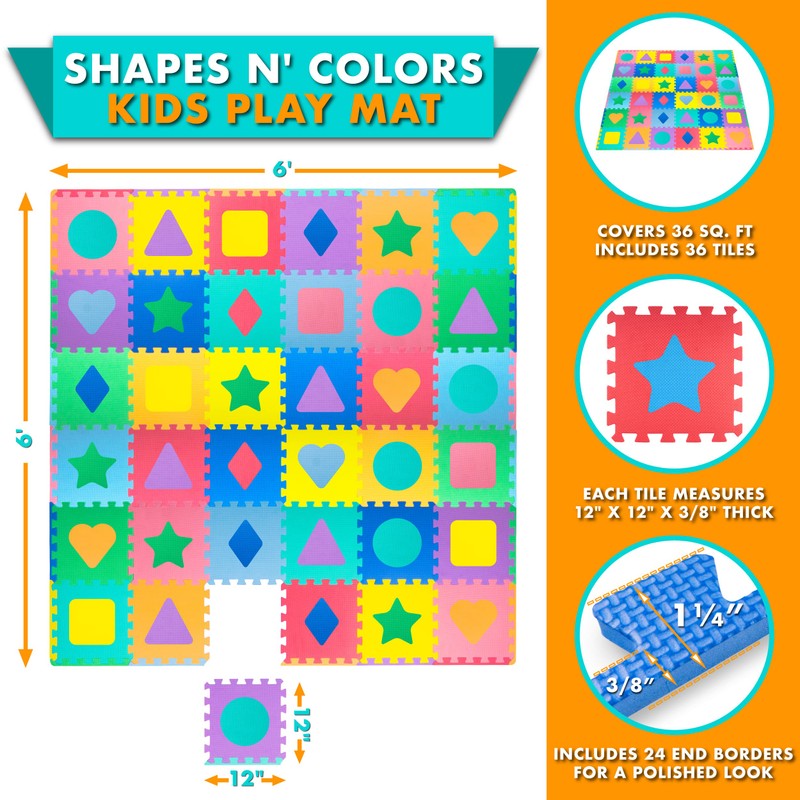 ProSource Kids Foam Puzzle Floor Play Mat with Shapes &