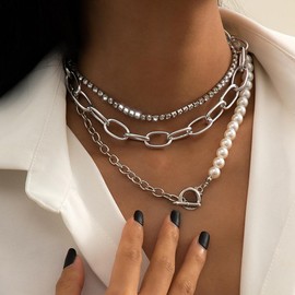 fxmimior - Gargantilla de revestimiento múltiple de perlas delicadas en capas para mujer, abalorio hechas a mano, con colgante grueso de moda de revestimiento múltiple ajustable, cadena de capas