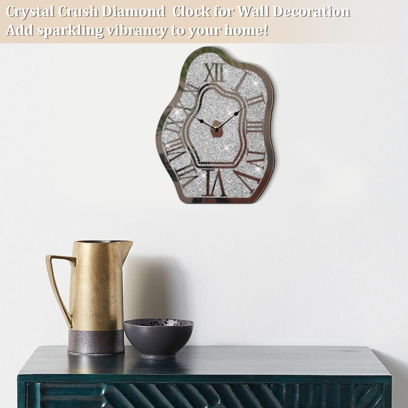 FEUFOAM Modern Wall Clock for Living Room Decor Silver Crystal