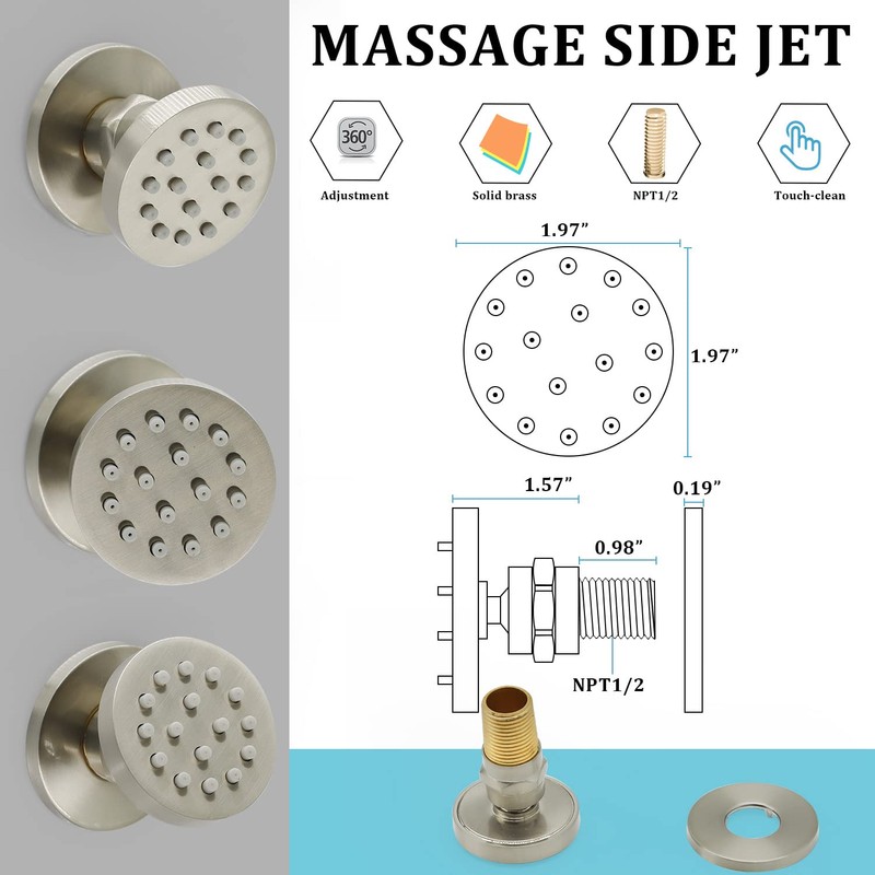 HOMEDEC 6pcs Round Brass Shower Body Spray Massage Jets Spa-like