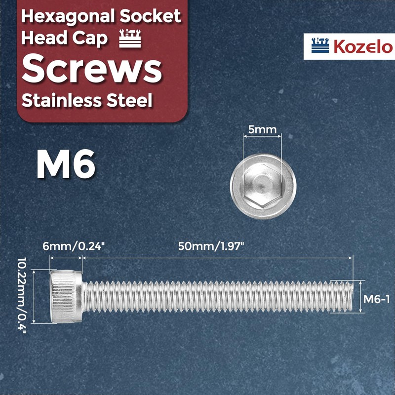 Kozelo 25pcs Socket Head Cap Screws - [M6-1 x 50mm]