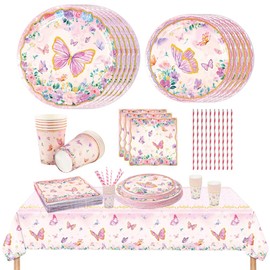 Butterfly Party Tableware Set, Butterfly Decoration Birthday Girl Party Tableware Set for 10 People, Children's Birthday Butterfly Decoration Paper Plates, Paper Cups, Table Cloths, Paper Straws