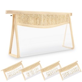 UIXIZQ Small Boho Straw Clear Makeup Bags for Women&Girls, Zipper Cosmetic Bag Chenille Varsity Letter Patch Bag, Preppy Cute Toiletry Pouch, Trendy Organizer Storage Bag for Beach Travel, Beige