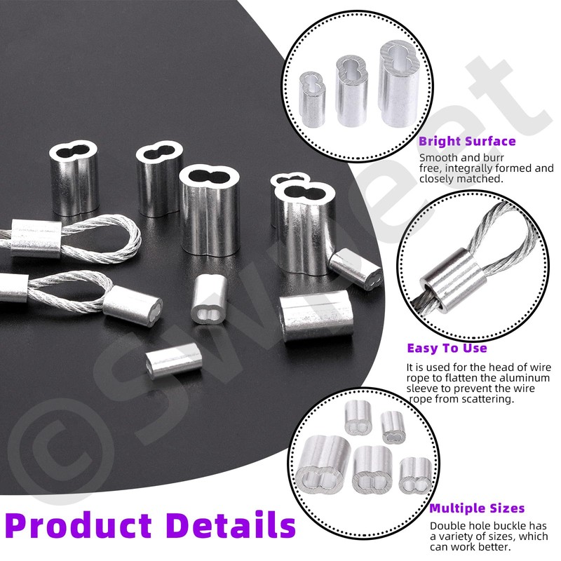 Swpeet 121Pcs Adjustable Wire Rope Clips Clamp and Aluminum Crimping