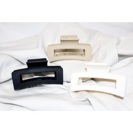 3.5 Inch 3 Pcs Neutral Colored Rectangle Hair Claw Clips for Thick Thin Hair for Women Girls Matte Nonslip Hair Clip Accessories Cream Tan Black (3 pcs in 1 pack)