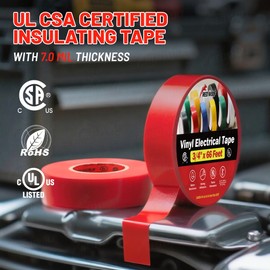 RED WOLF Red Electrical Tape 3/4 Inch x 66 Ft Industrial Grade UL/CSA Listed 7 Mil Thick Flame Retardant High Temp Waterproof Electrical PVC Tape Electric Super Vinyl Rated 600V 5 Pack