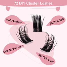 Cluster Eyelashes, Pack of 72 Individual Eyelashes, Eyelash Clusters, DIY Eyelash Extensions, Super-Thin Band, Reusable, Soft & Comfortable (Deceive-D-14 mm)