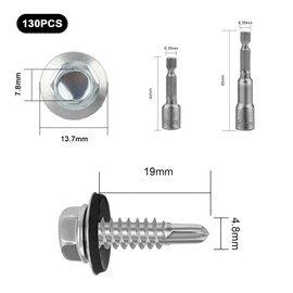 130 Pcs M4.8x19mm Roofing Screws, Hex Washer Head Self Drilling Screws for Metal, Sheet to Timber Roofing Screws with Washers, TEK Screws, Hex Head Timber Screws for Wood Corrugated Roof Fixings