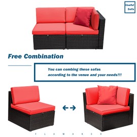 Flamaker 2 Pieces Patio Furniture Set Outdoor Loveseat All Weather PE Rattan Sofa Chair Set Corner Sofa Armless Sofa with Padded Soft Cushion (Red)